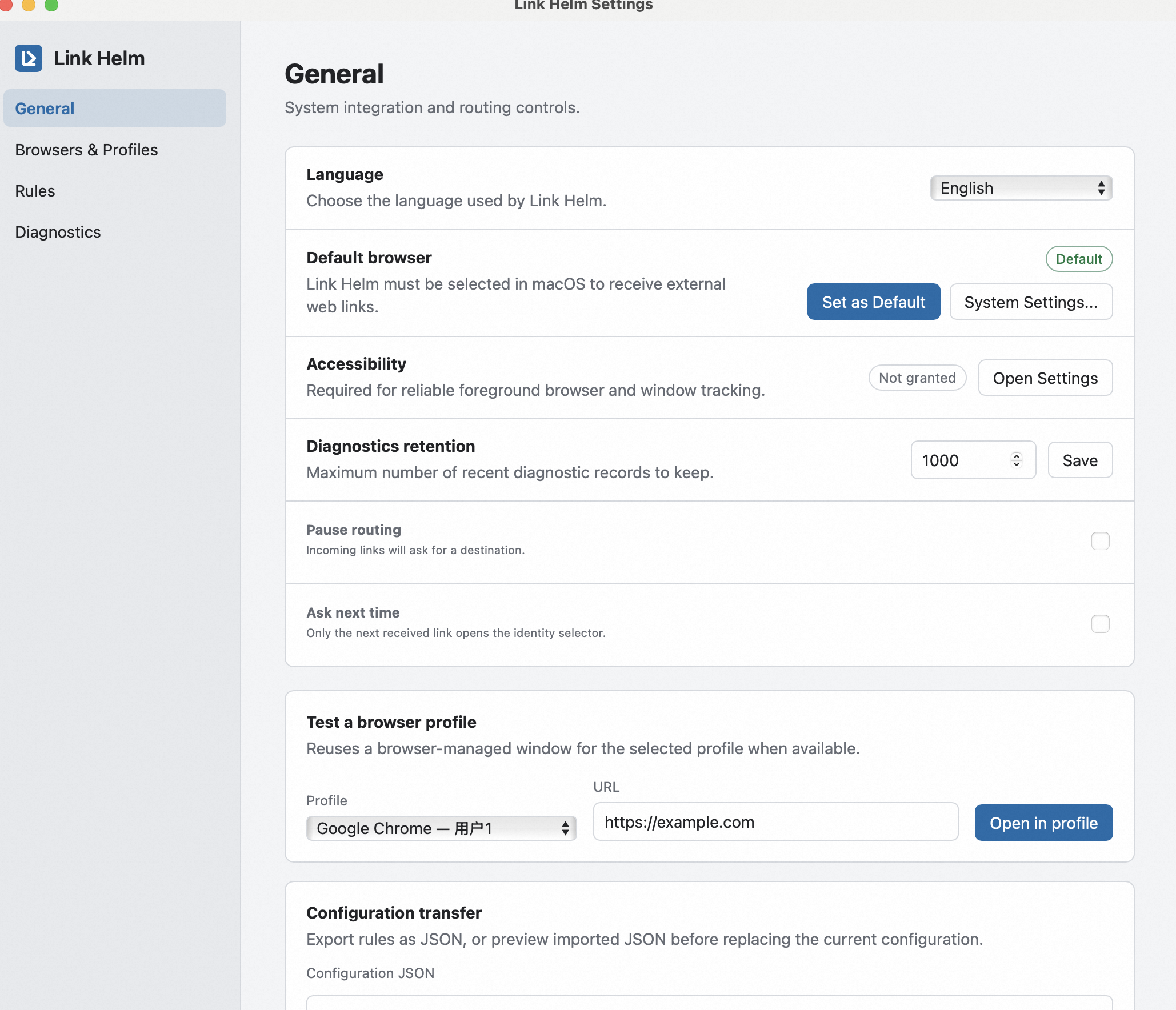Link Helm settings showing default browser, accessibility, routing controls, and browser profile testing